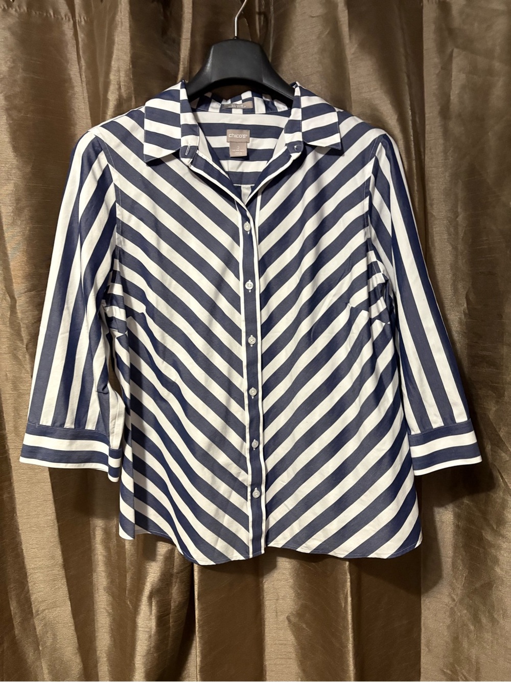 Chico's Navy & White Diagonal Stripe Button-Down Shirt